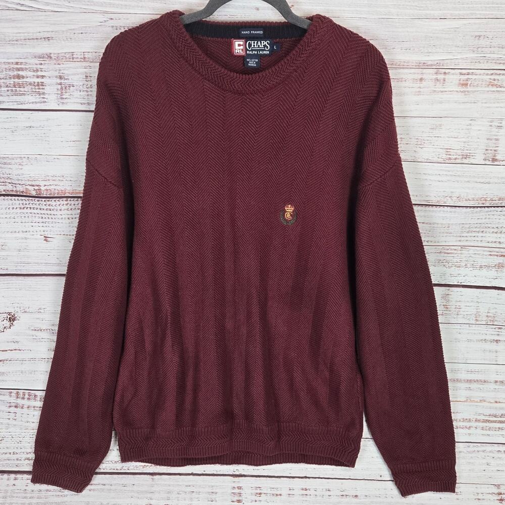 Vtg Chaps Ralph Lauren Mens Sweater Lg Burgundy Hand Framed Long Sleeve Pullover